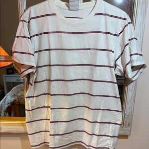 Cream Tee with Thin Burgundy Stripes